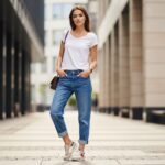 Mladá žena v boyfriend džínách, bílém tričku a teniskách na ulici s moderní architekturou v pozadí.
