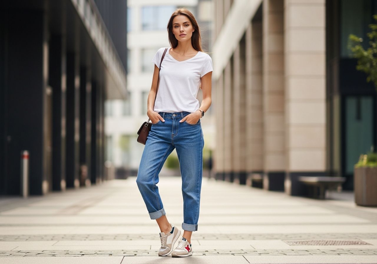 Mladá žena v boyfriend džínách, bílém tričku a teniskách na ulici s moderní architekturou v pozadí.