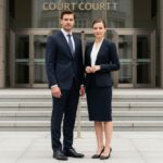 Muž a žena v profesním oblečení stojí před moderním soudem s vážným výrazem tváře.