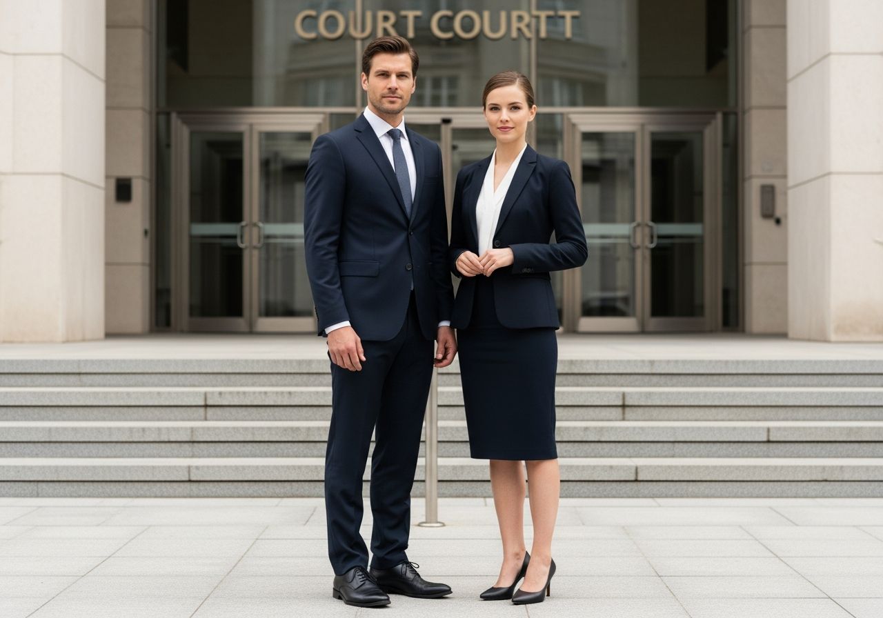 Muž a žena v profesním oblečení stojí před moderním soudem s vážným výrazem tváře.