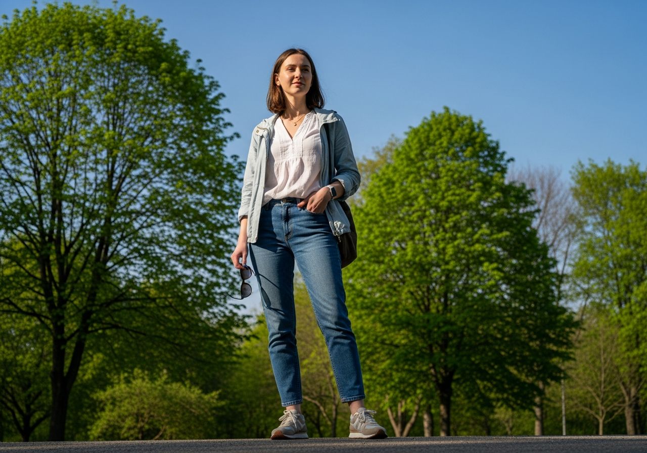 Mladá žena venku na jaře v bundě, bílé blůze a džínách drží sluneční brýle u zelených stromů.