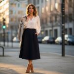 Žena v bílé blůze, tmavě modré sukni a béžovém kabátu na městské ulici při zlaté hodině