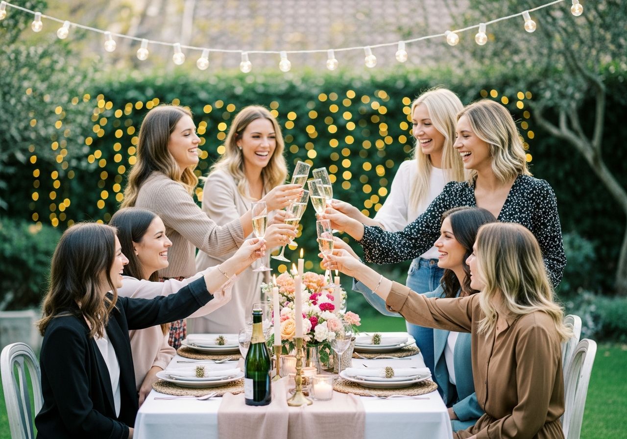 Skupina žen slaví rozlučku se svobodou u venkovního stolu s přípitkem ve večerní zahradě.