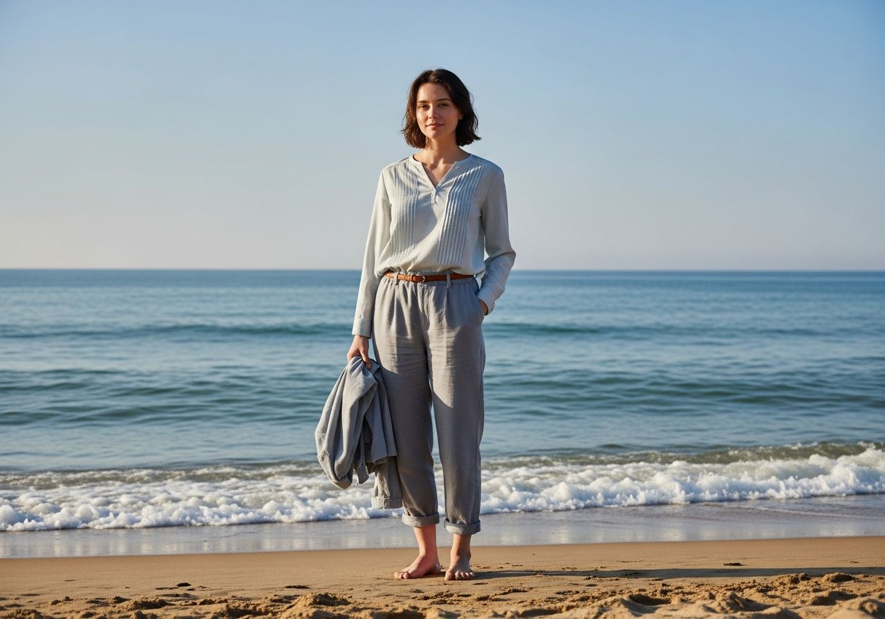 Mladá žena stojí bosá na pláži u moře v lehké blůze a kalhotách, drží bundu, slunečný den