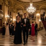 Elegantní pár vstupuje do opery s mramorovou podlahou, zlatými detaily a křišťálovými lustry.