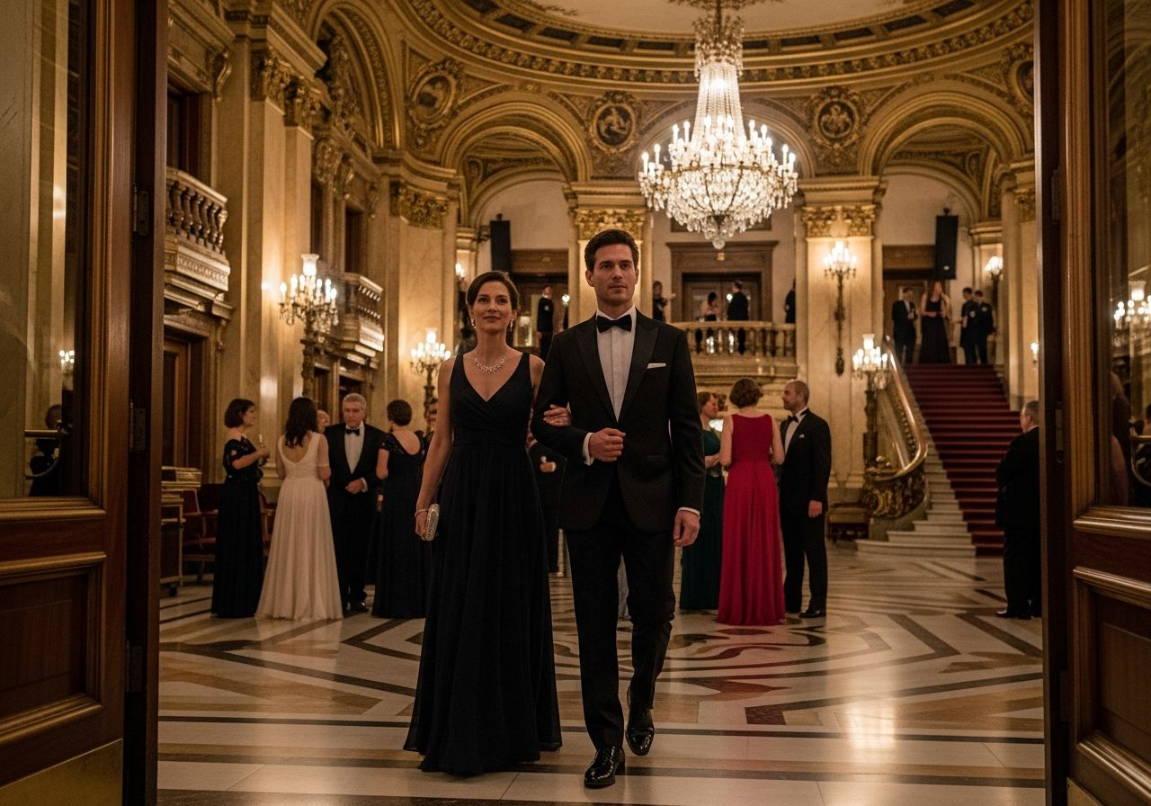 Elegantní pár vstupuje do opery s mramorovou podlahou, zlatými detaily a křišťálovými lustry.