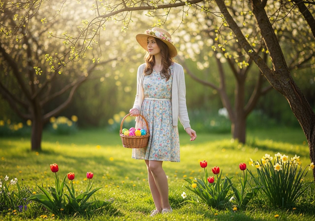 Mladá žena v jarní zahradě s košem velikonočních vajec v pastelových šatech a slamákem.