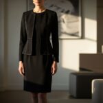 Žena v černých šatech s elegantní sako stojí v moderním, jemně osvětleném pokoji.