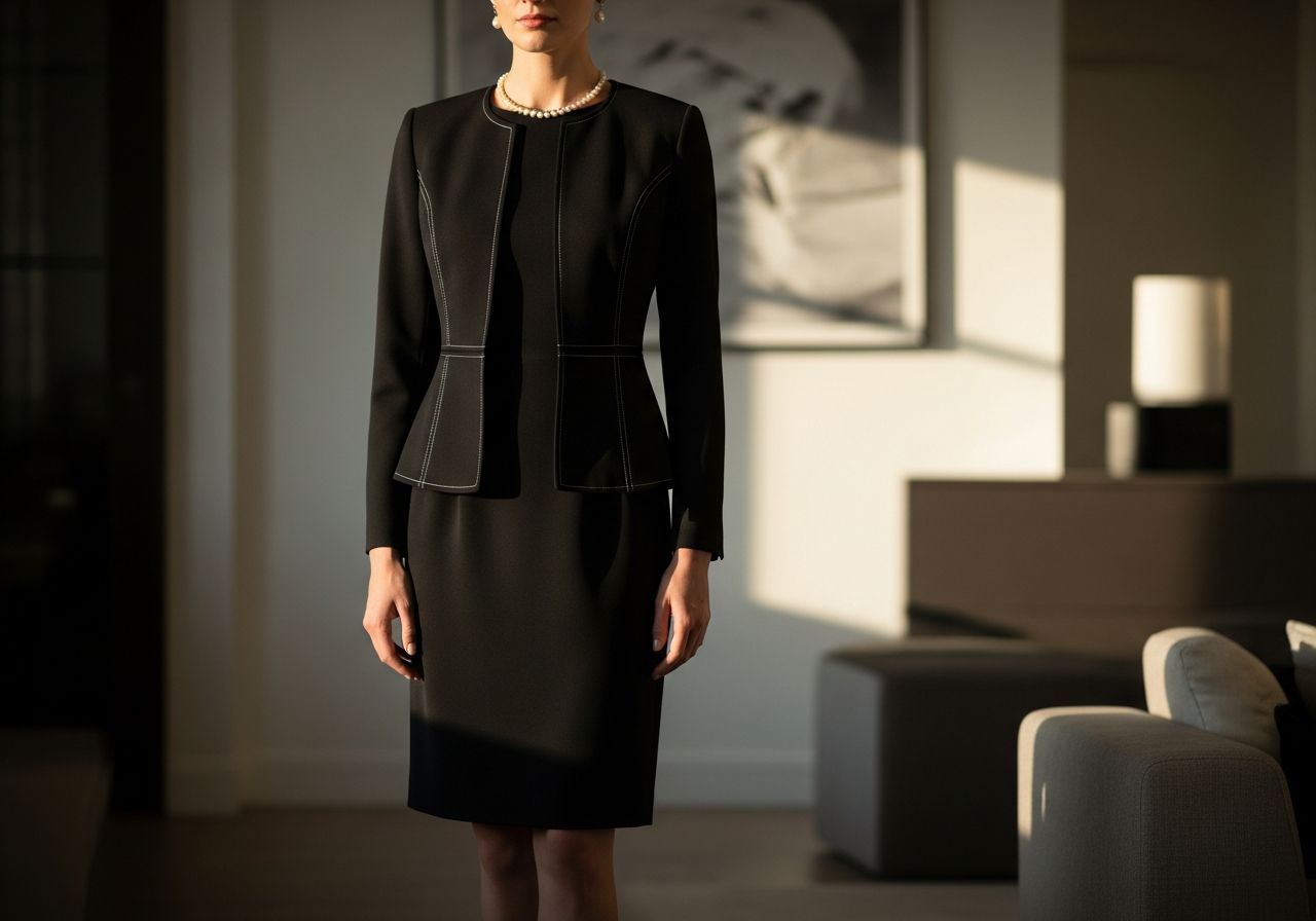 Žena v černých šatech s elegantní sako stojí v moderním, jemně osvětleném pokoji.