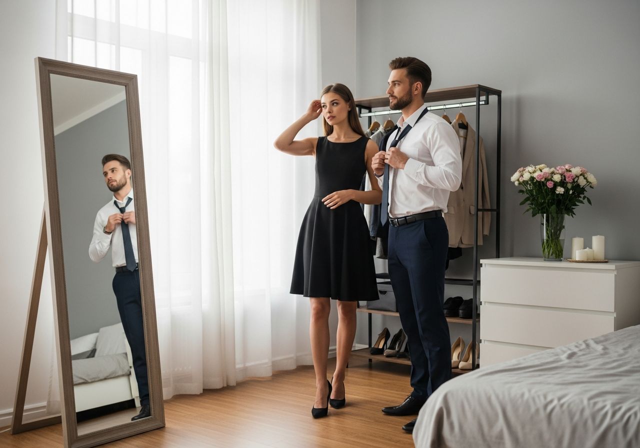 Mladý pár se připravuje na rande v moderní ložnici před zrcadlem s přirozeným světlem.