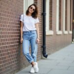 Mladá žena v modrých džínách a bílem tričku opírá se o cihlovou zeď ve městě.