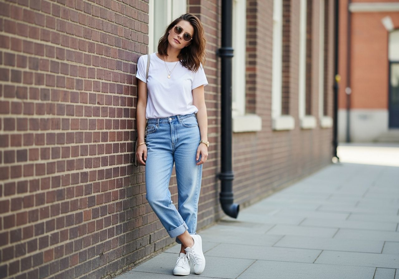 Mladá žena v modrých džínách a bílem tričku opírá se o cihlovou zeď ve městě.