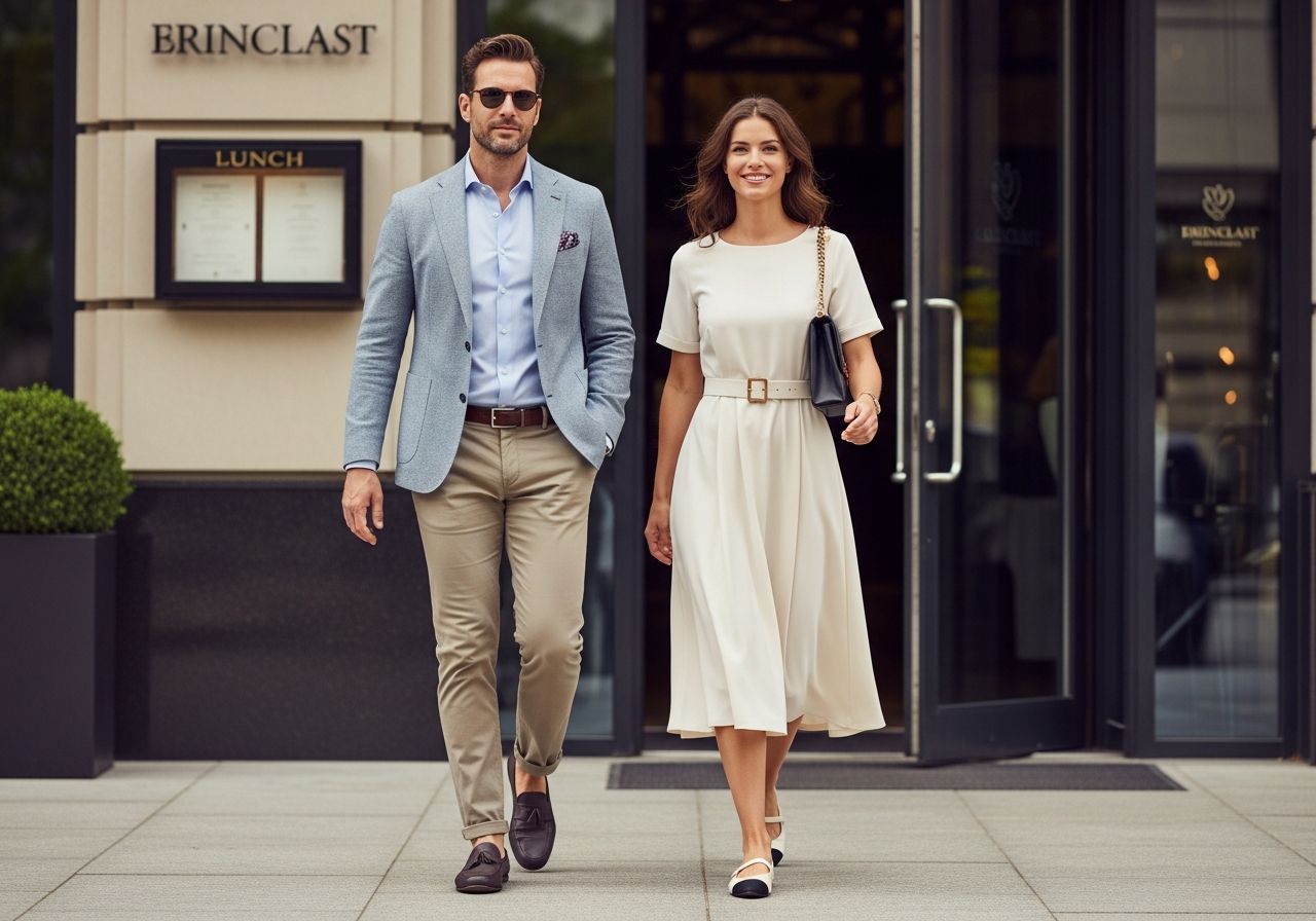 Muž a žena ve smart casual oblečení kráčí k restauraci za denního světla