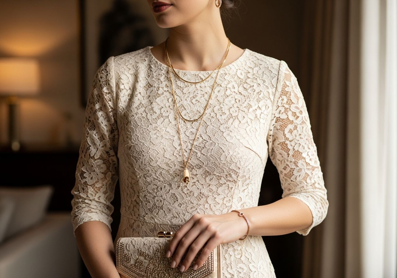 Žena v krémových krajkových šatech s jemným zlatým šperkem drží elegantní psaníčko v teplém interiéru