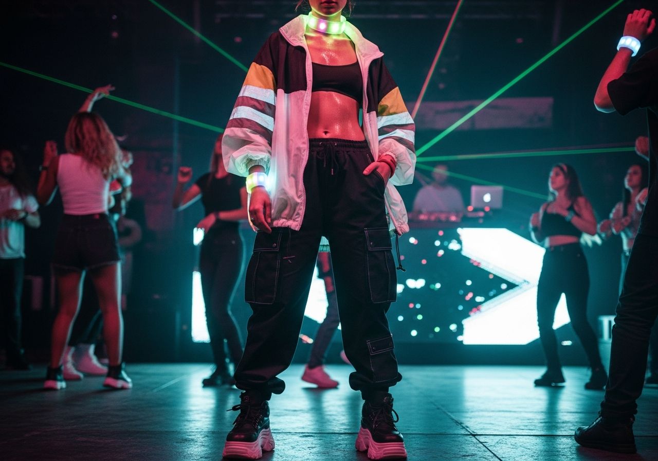 Mladý člověk v neonové bundě a LED doplňcích na tanečním parketu techno klubu.