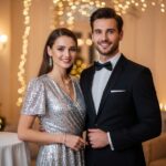 Mladý pár v elegantním oblečení na Novoroční oslavu v teplém slavnostním interiéru.