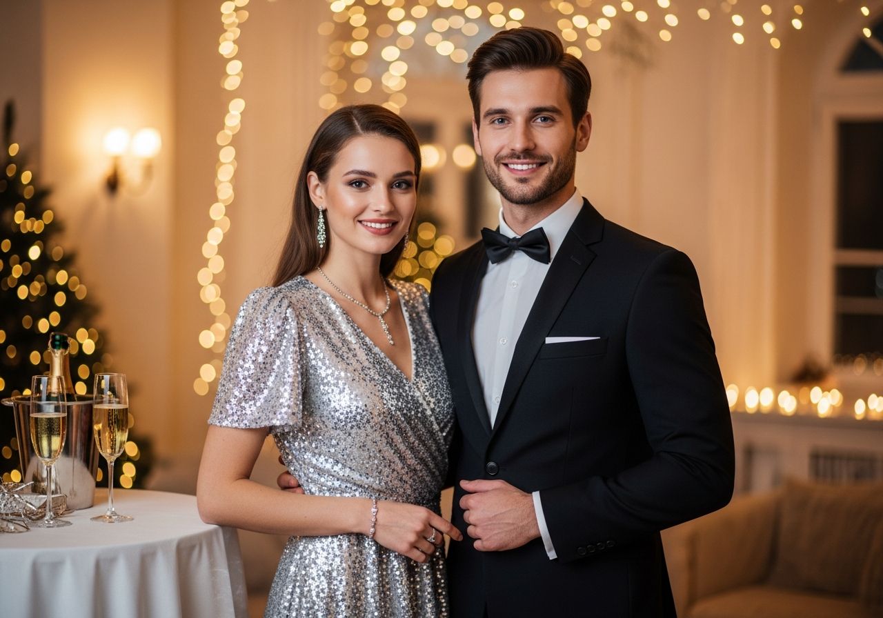 Mladý pár v elegantním oblečení na Novoroční oslavu v teplém slavnostním interiéru.