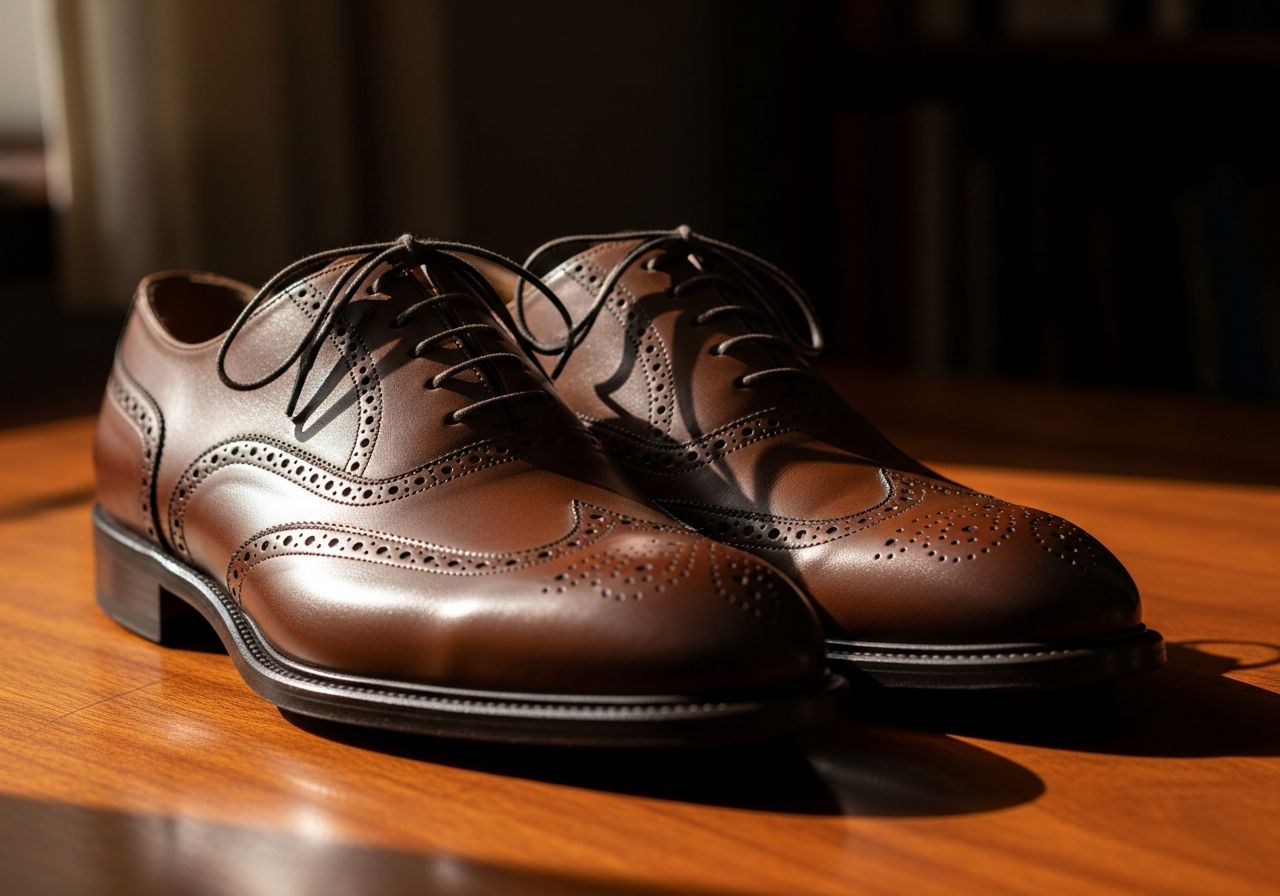 Pár klasických pánských Oxford bot na dřevěném stole s detailem brogue a jemným prosvětlením