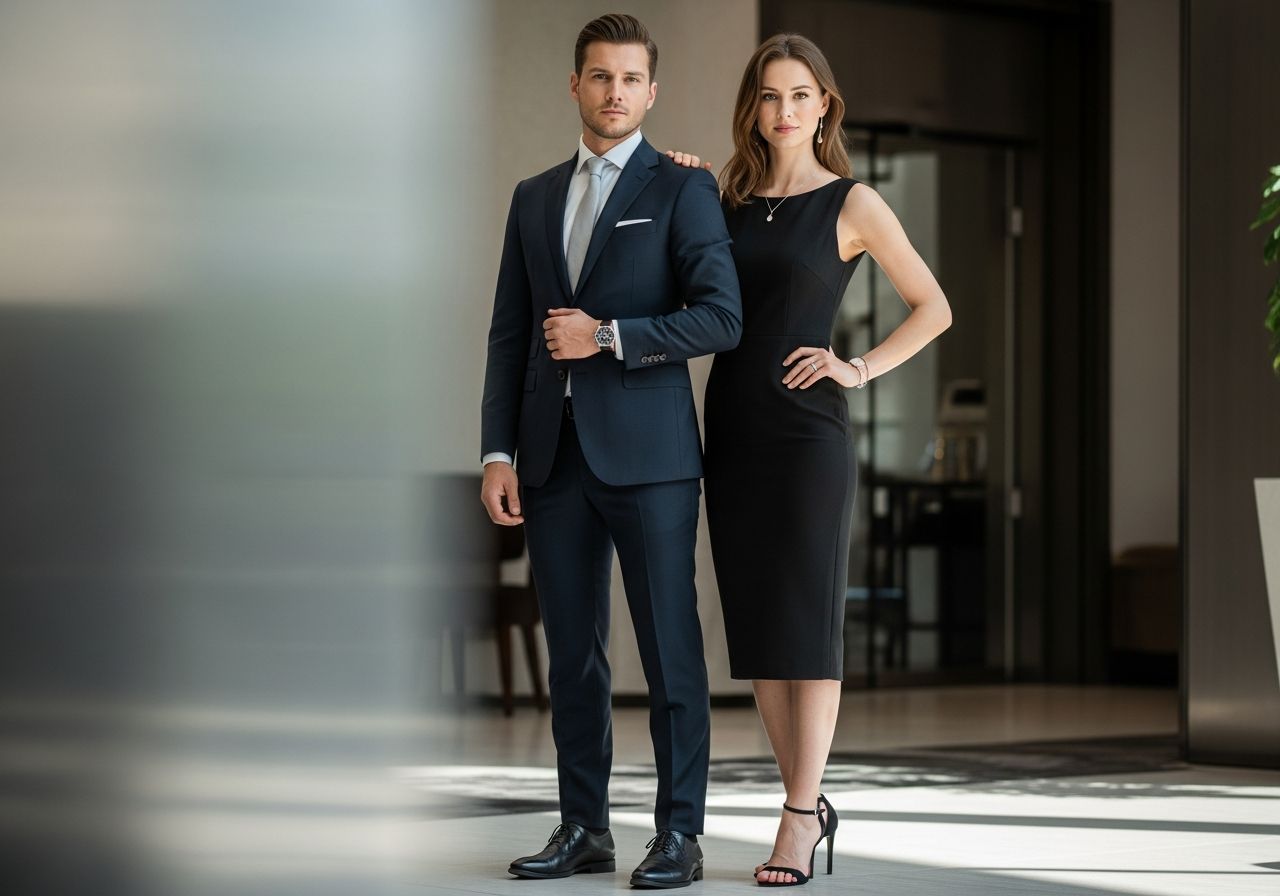 Muž v tmavém obleku a žena v černých šatech stojí v elegantním moderním interiéru.