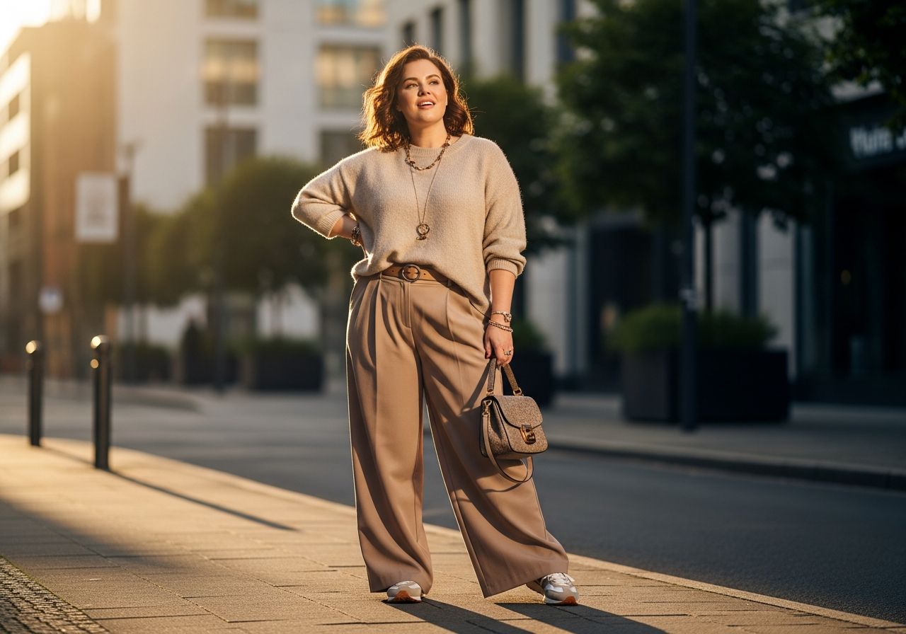 Žena plus size v pohodlném elegatním oblečení stojí na městské ulici během zlaté hodiny.