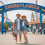 Mladý pár u vstupu do Energylandie s batohem, láhví vody a atrakcemi v pozadí.