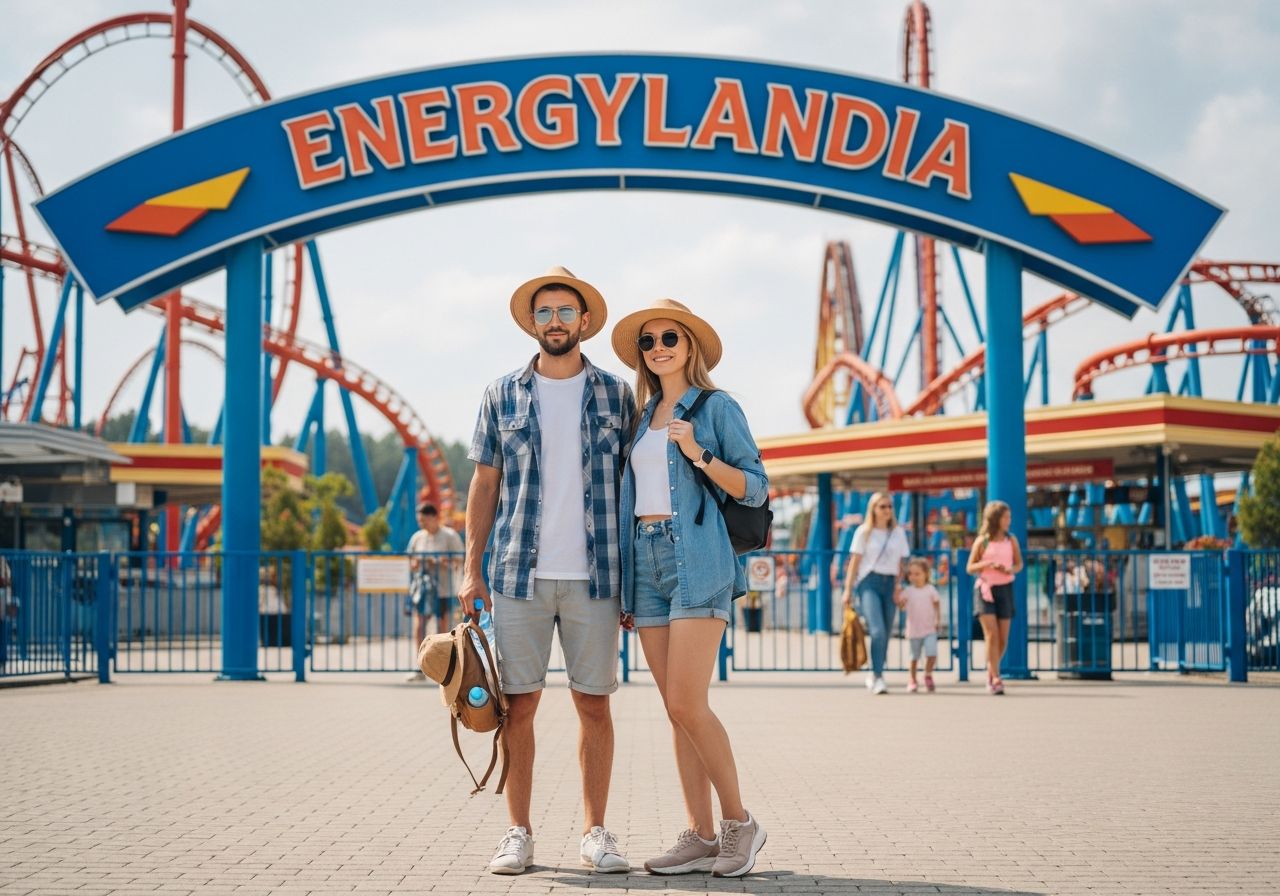 Mladý pár u vstupu do Energylandie s batohem, láhví vody a atrakcemi v pozadí.