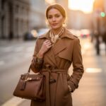 Stylová žena v karamelovém trenčkotu na městské ulici za zlaté hodiny s doplňky a přirozeným líčením