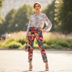 Žena v květovaných kalhotách a světlé blůze stojí v parku s kabelkou, v přirozeném světle.
